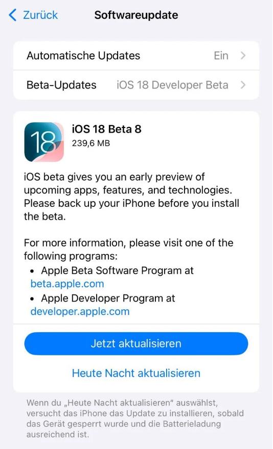 开平苹果手机维修分享苹果 iOS / iPadOS 18 开发者预览版 Beta 8 发布 